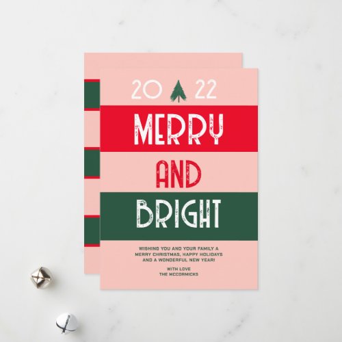 Christmas 2022 Retro Merry And Bright Pink Red Holiday Card