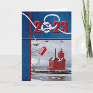 Christmas 2023 Big Red Michigan Lighthouse  Holiday Card