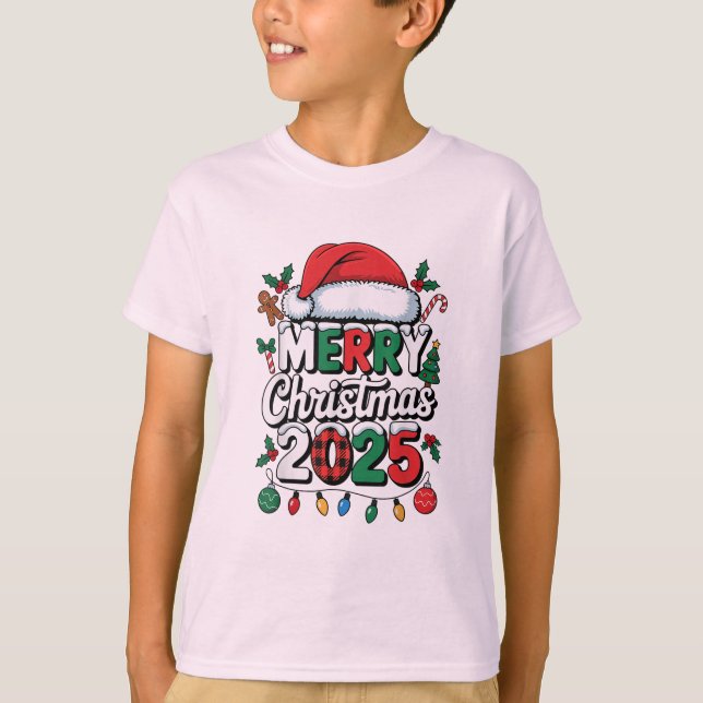 Christmas 2025 Pajama Funny Santa Hat Xmas Lights T-Shirt (Front)