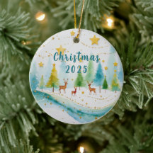 Christmas 2025 Watercolor Forest Deer Holiday