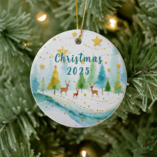 Christmas 2025 Watercolor Forest Deer Holiday Ceramic Ornament
