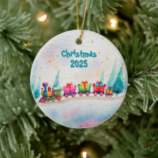 Christmas 2025 Watercolor Holiday Train Ceramic Ornament