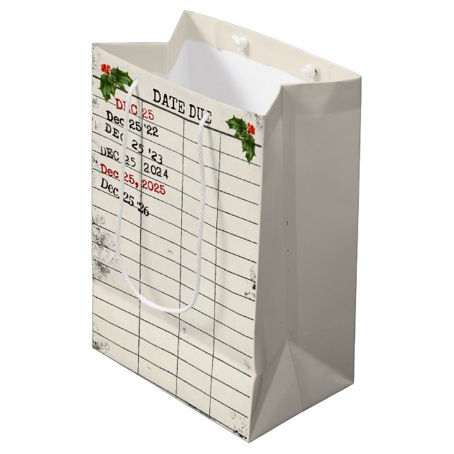 Christmas 2026 Old Library Cards Medium Gift Bag (Front Angled)