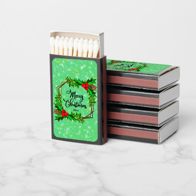 Christmas 20xx Holly Red Berries Modern Green  Matchboxes (Stacked)
