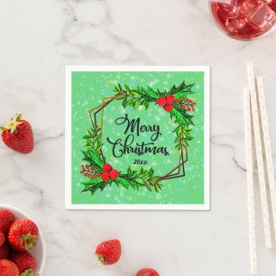 Christmas 20xx Holly Red Berries Modern Green Napkins