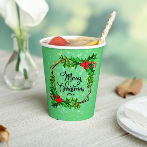 Christmas 20xx Holly Red Berries Modern Green Paper Cups
