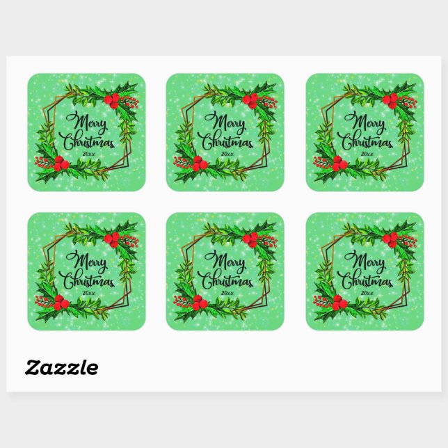 Christmas 20xx Holly Red Berries Modern Green Square Sticker (Sheet)