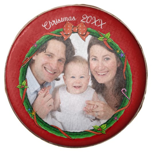 Christmas 20XX Wreath Photo Red Background Chocolate Covered Oreo (Front)