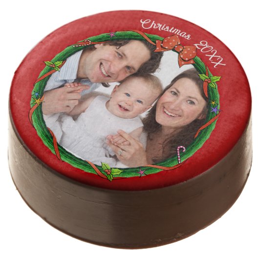 Christmas 20XX Wreath Photo Red Background Chocolate Covered Oreo (Angled)