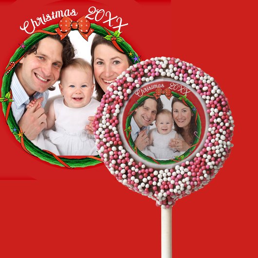 Christmas 20XX Wreath Photo Red Background Chocolate Covered Oreo Pop