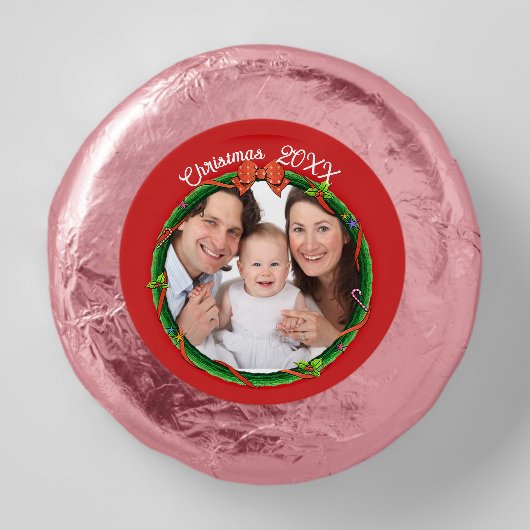 Christmas 20XX Wreath Photo Red Background Dipped Oreo Cookie Favors (Front)
