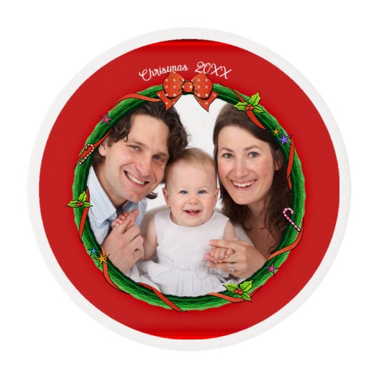 Christmas 20XX Wreath Photo Red Background Edible Frosting Rounds (Front)