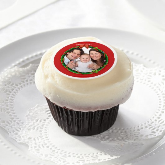 Christmas 20XX Wreath Photo Red Background Edible Frosting Rounds (Cupcake)
