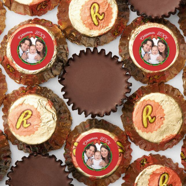 Christmas 20XX Wreath Photo Red Background Reese's Peanut Butter Cups (Assorted)
