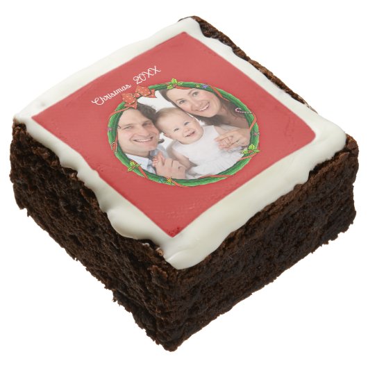 Christmas 20XX Wreath Photo Red Background Square Brownie (Angled)