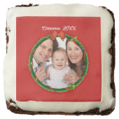 Christmas 20XX Wreath Photo Red Background Square Brownie (Front)