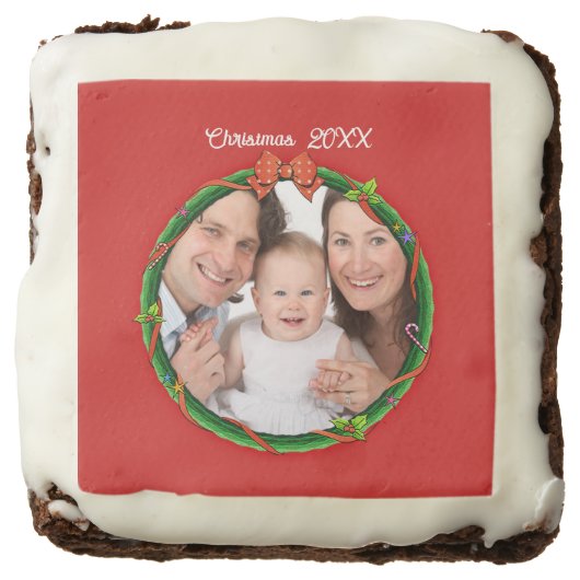 Christmas 20XX Wreath Photo Red Background Square Brownie (Front)
