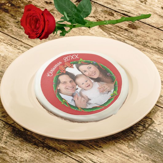 Christmas 20XX Wreath Photo Red Background Sugar Cookie