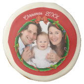 Christmas 20XX Wreath Photo Red Background Sugar Cookie (Front)