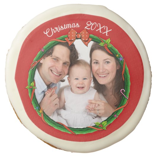 Christmas 20XX Wreath Photo Red Background Sugar Cookie (Front)