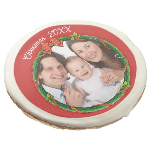 Christmas 20XX Wreath Photo Red Background Sugar Cookie (Angled)