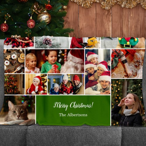 Christmas 22 Photo Collage with Family Name Green Fleece Blanket