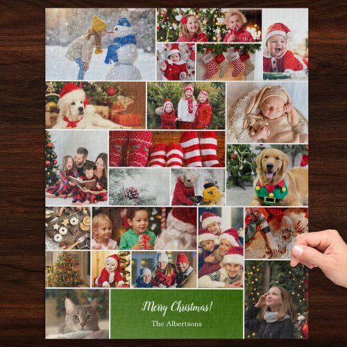 Christmas 22 Photo Collage with Family Name Green Jigsaw Puzzle