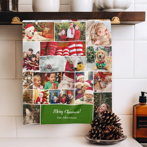 Christmas 22 Photo Collage with Family Name Green Kitchen Towel