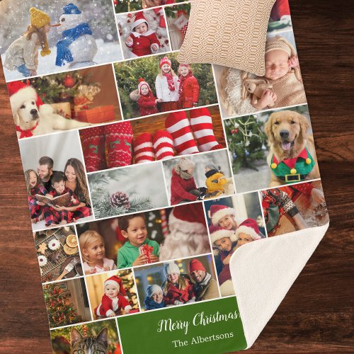 Christmas 22 Photo Collage with Family Name Green Sherpa Blanket