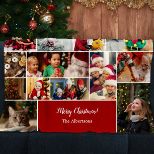 Christmas 22 Photo Collage with Family Name Red Fleece Blanket