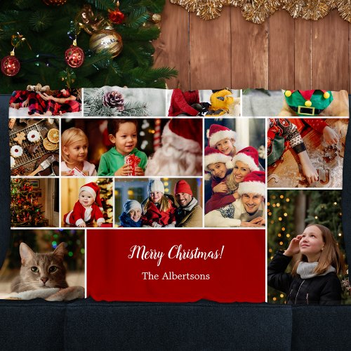 Christmas 22 Photo Collage with Family Name Red Fleece Blanket