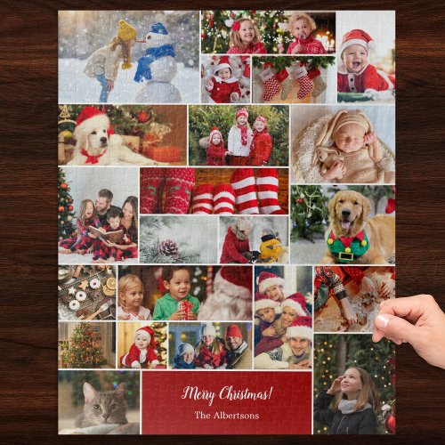 Christmas 22 Photo Collage with Family Name Red Jigsaw Puzzle