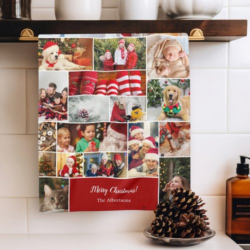 Christmas 22 Photo Collage with Family Name Red Kitchen Towel