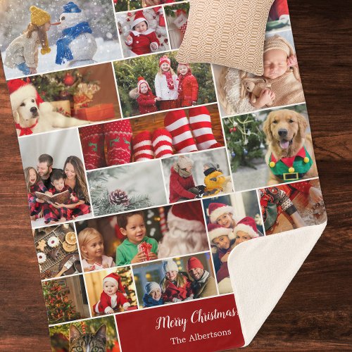 Christmas 22 Photo Collage with Family Name Red Sherpa Blanket