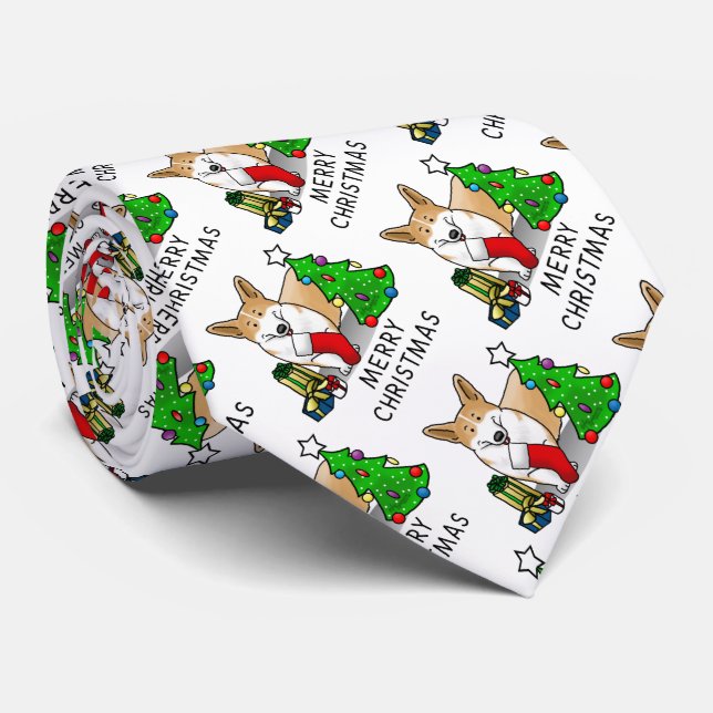 Christmas 2 Pembroke Welsh Corgi (red 1) Tree Cute Neck Tie (Rolled)