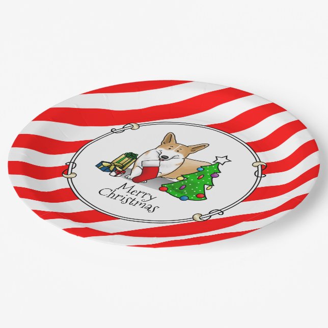 Christmas 2 Pembroke Welsh Corgi (red 1) Tree Cute Paper Plates (Angled)