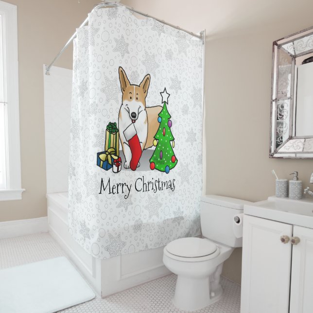 Christmas 2 Pembroke Welsh Corgi (red 1) Tree Cute Shower Curtain (In Situ)