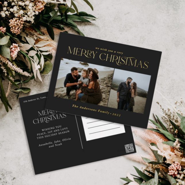 Christmas 2 photo botanical floral  foil holiday postcard (Creator Uploaded)