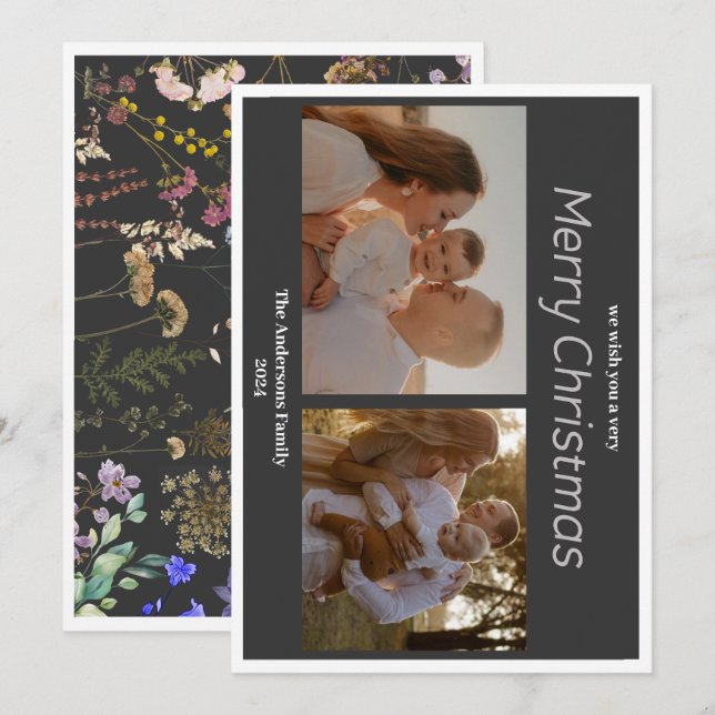 Christmas 2 photo botanical floral holiday card (Front/Back)