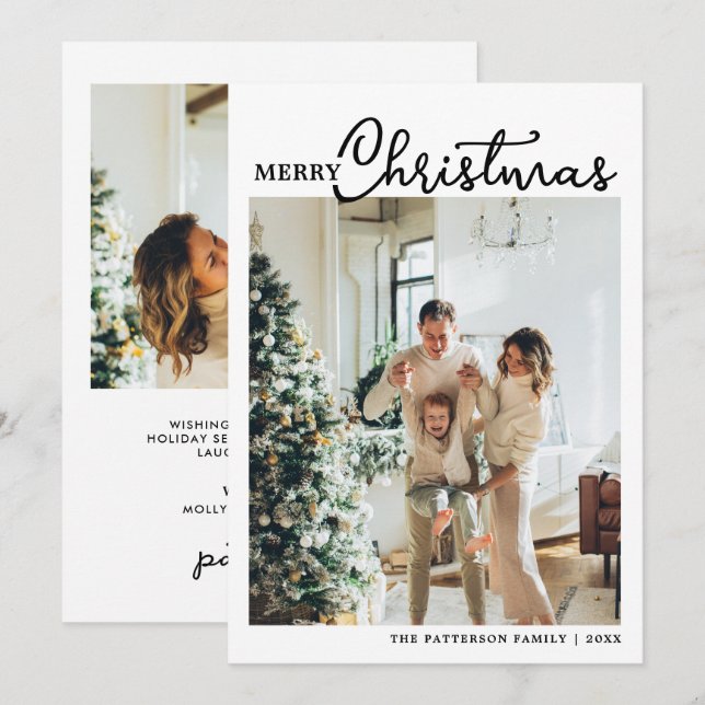 Christmas 2 Photo Trendy Calligraphy Script  Holiday Card (Front/Back)