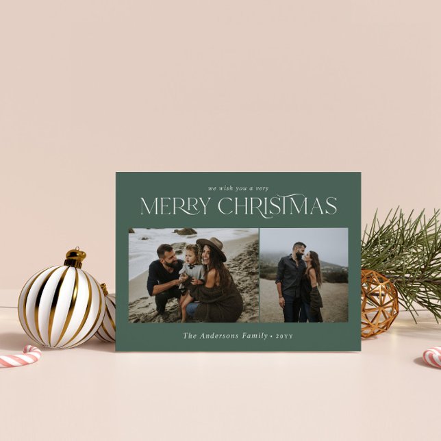 Christmas 2 photo watercolor botanical sage green holiday card (Creator Uploaded)