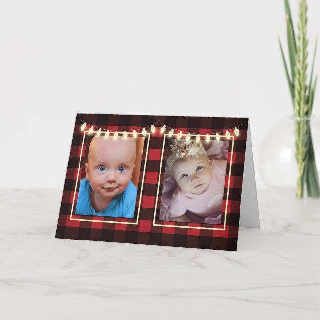 Christmas 2 Photos Customizable Lights Red Black Card (Front)