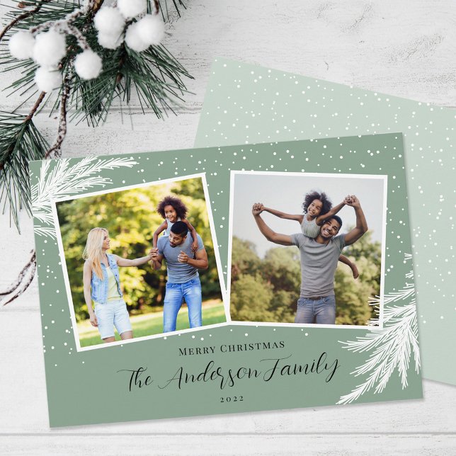 Christmas 2 Photos Script Snow Green Holiday Card (Creator Uploaded)