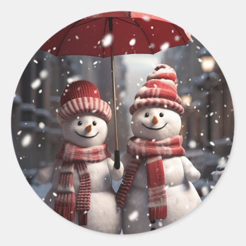 Christmas 2 Snowmen 1 Umbrella Snow Couple Classic Round Sticker