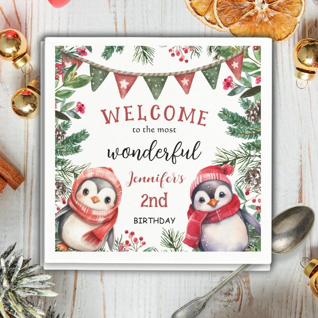 Christmas 2nd Birthday Cute Penguin Winter Party Napkins (Creator Uploaded)