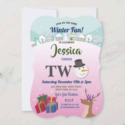 Christmas 2nd Birthday Party Santa Snowman Pink Invitation