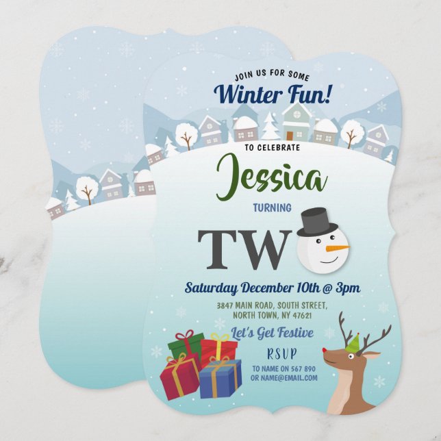 Christmas 2nd Birthday Party Santa Snowman TWO Invitation (Front/Back)