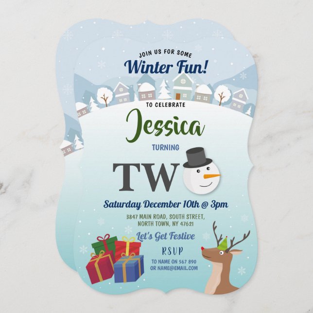 Christmas 2nd Birthday Party Santa Snowman TWO Invitation (Front/Back)