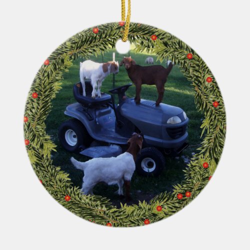 Christmas 3 Kids on a Mower Ceramic Ornament