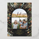 Christmas 3 photo arch watercolor botanical floral foil holiday card<br><div class="desc">Modern dark moody floral on trend dark elegant Christmas watercolor dried botanical muted colors holiday arch 3 photo Christmas card design. with real foil lettering</div>